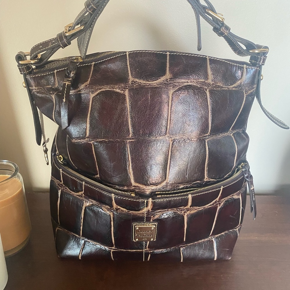 Dooney & Bourke Brown Croc-Embossed Leather Shoulder Bag - Picture 2 of 6